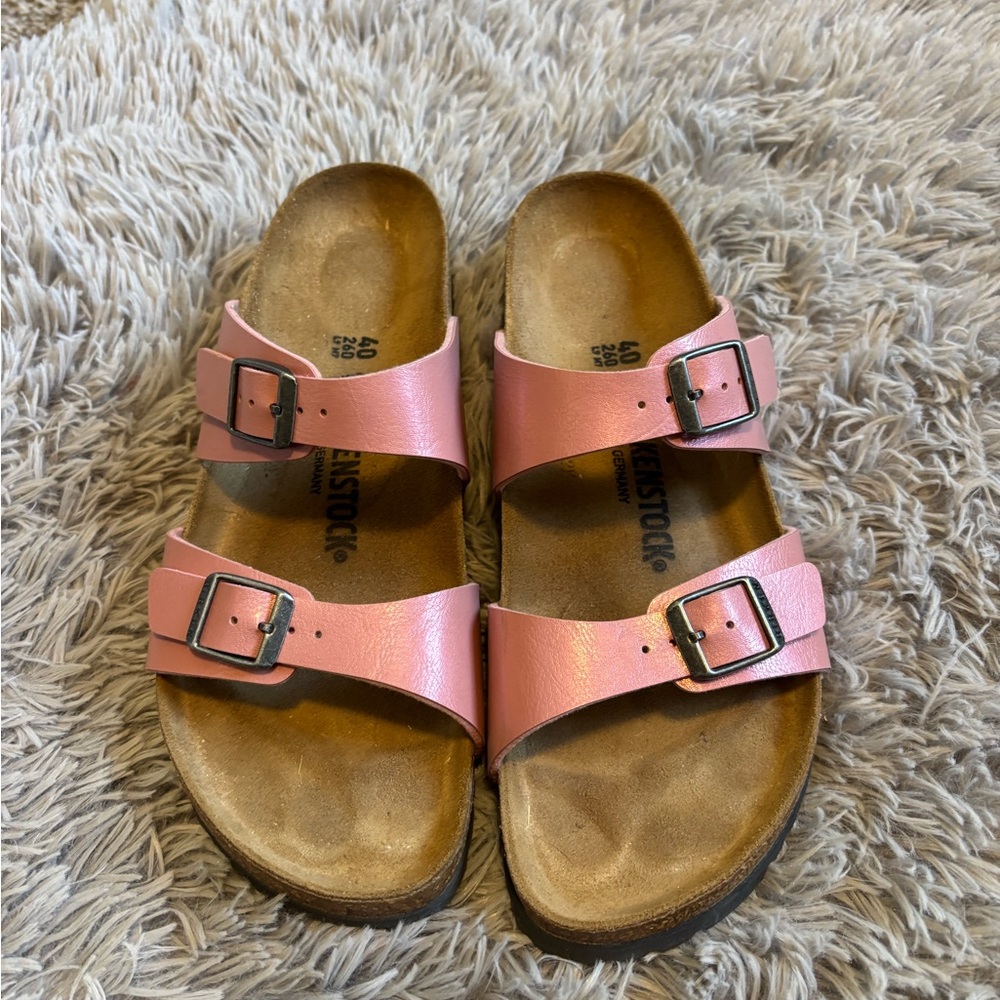 Birkenstock Pink Double-Buckle Arizona Slides - Picture 2 of 4